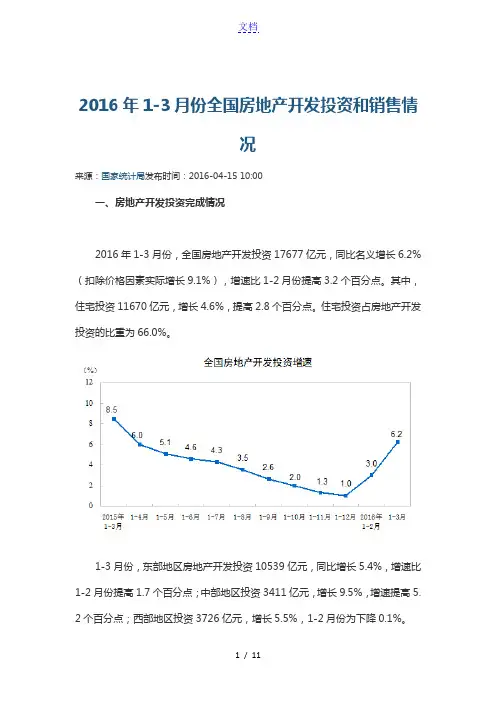 2016年1-3月份全国房地产开发投资和销售情况