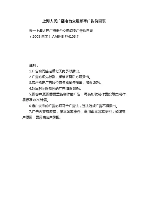 上海人民广播电台交通频率广告价目表