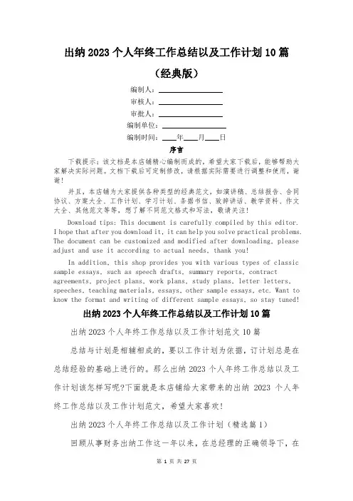 出纳2023个人年终工作总结以及工作计划10篇