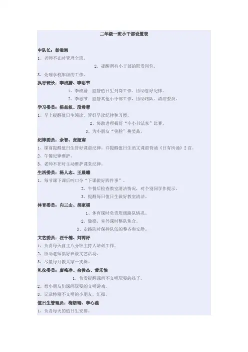 二年级一班小干部设置表