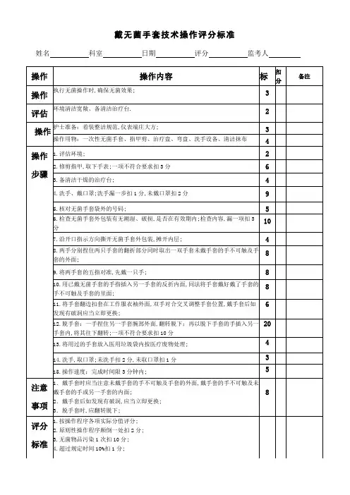 戴无菌手套技术操作评分标准