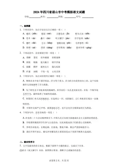 【中考压轴】2024年四川省眉山市中考模拟语文试卷(附答案)