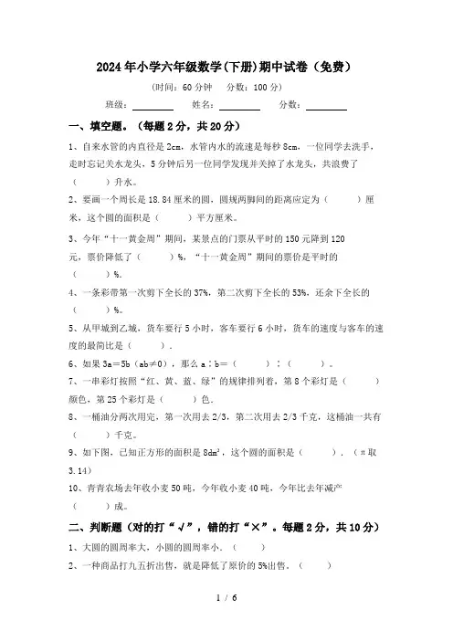 2024年小学六年级数学(下册)期中试卷(免费)