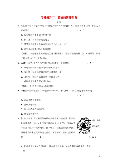 中考科学二轮复习 专题提升二 植物的新陈代谢练出高分(含解析) 华东师大版