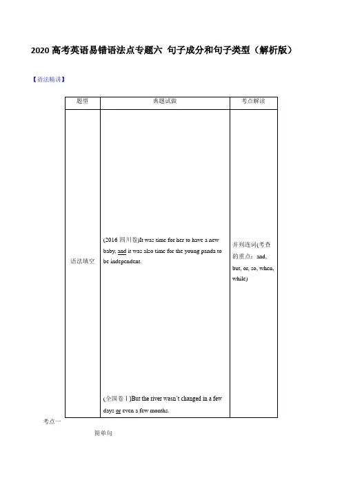 2020高考英语易错语法点专题六 句子成分和句子类型(解析版)