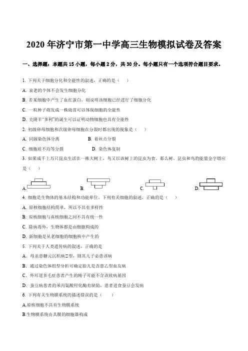 2020年济宁市第一中学高三生物模拟试卷及答案
