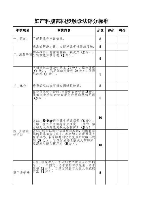 妇产科腹部四步触诊法评分标准