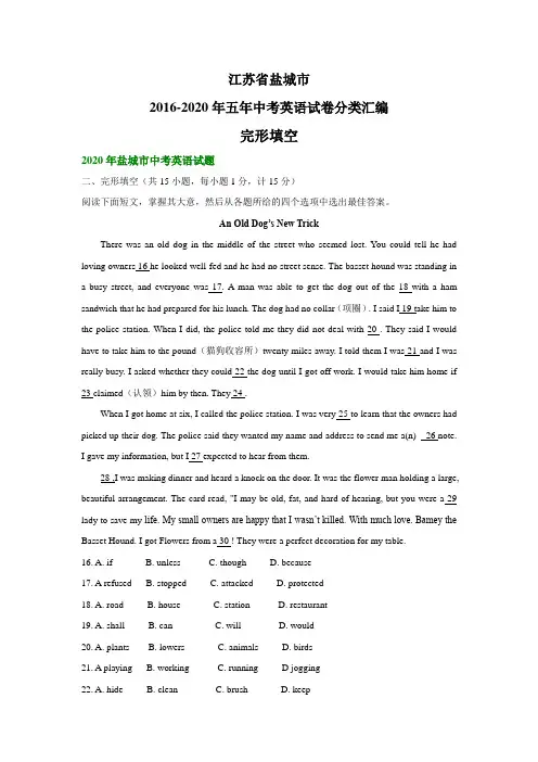江苏省盐城市2016-2020年五年中考英语试卷分类汇编：完形填空