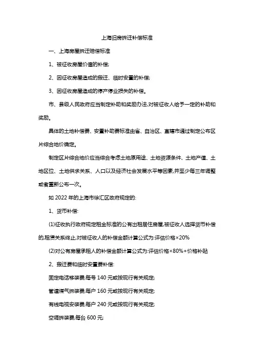 上海旧房拆迁补偿标准