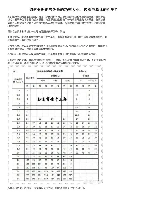 如何根据电气设备的功率大小，选择电源线的粗细？