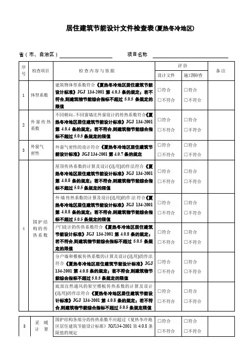 居住建筑节能设计文件检查表夏热冬冷地区