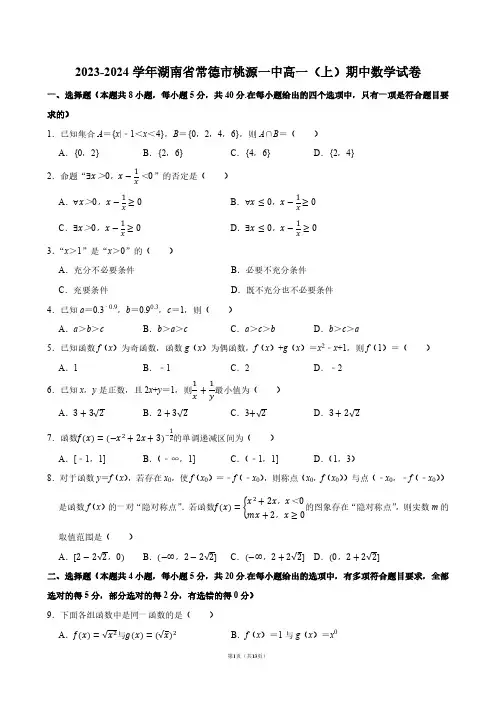 2023-2024学年湖南省常德市桃源一中高一(上)期中数学试卷【答案版】