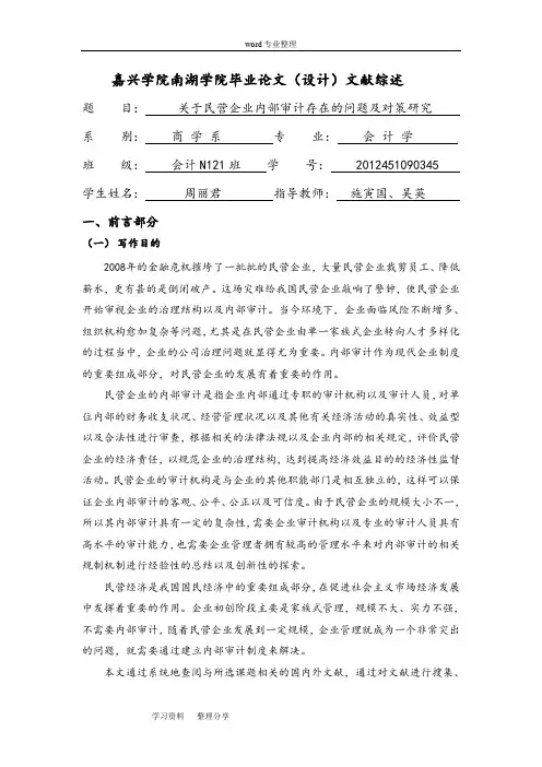 民营企业内部审计存在的问题和解决对策研究的文献综述