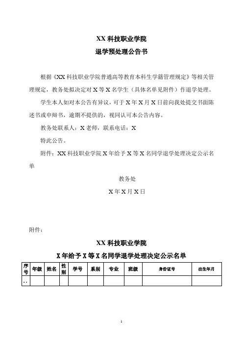 XX科技职业学院退学预处理公告书