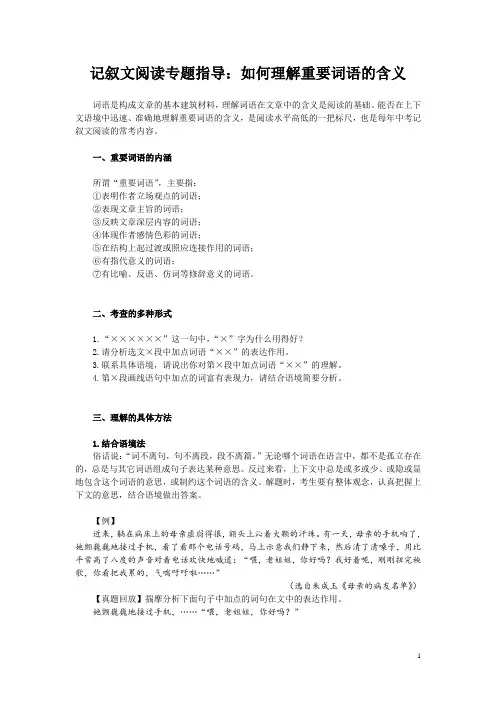 记叙文阅读专题指导：如何理解重要词语的含义