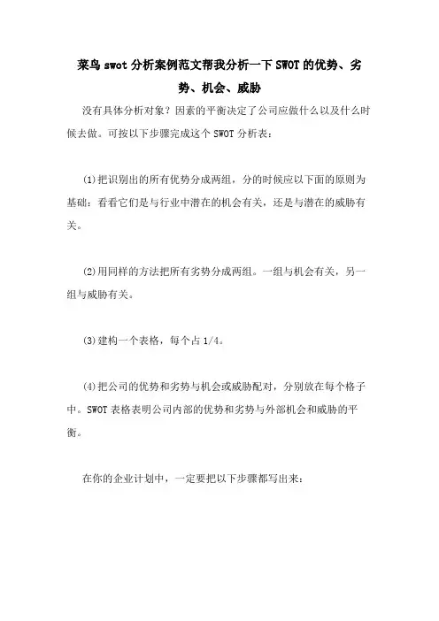 菜鸟swot分析案例范文帮我分析一下SWOT的优势、劣势、机会、威胁