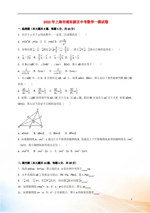 上海市浦东新区2022年中考数学一模试题(含解析)