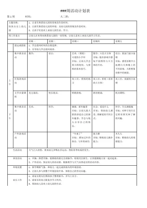 幼儿园教学周计划表