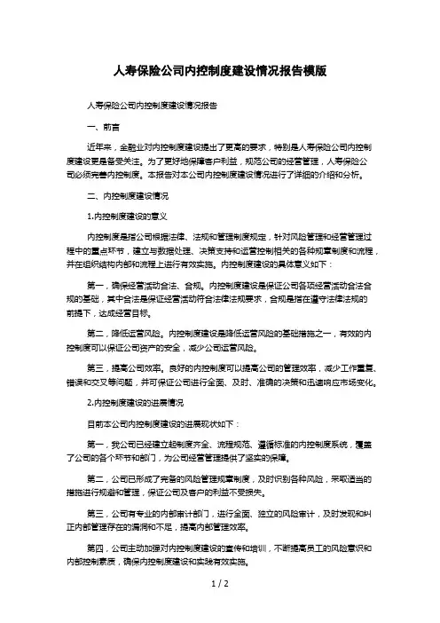 人寿保险公司内控制度建设情况报告模版
