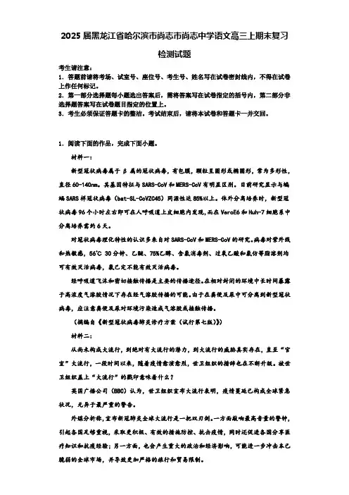 2025届黑龙江省哈尔滨市尚志市尚志中学语文高三上期末复习检测试题含解析