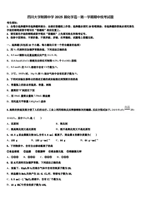 四川大学附属中学2025届化学高一第一学期期中统考试题含解析