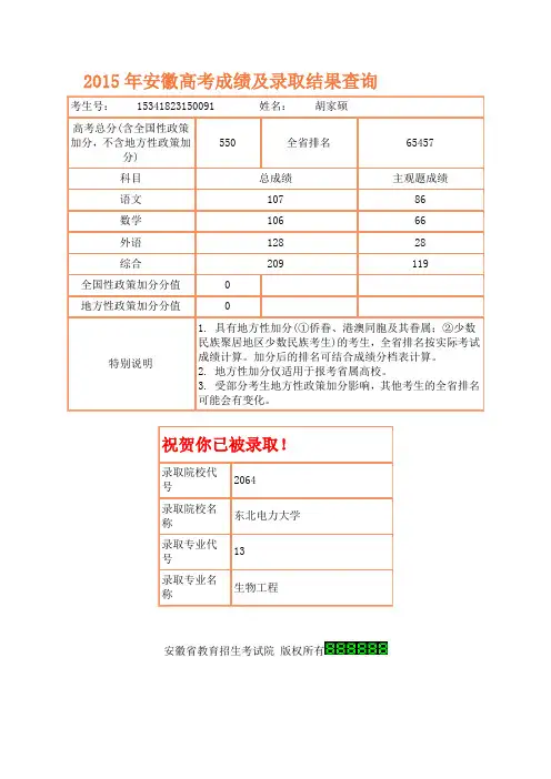 2015年安徽高考成绩及录取结果查询