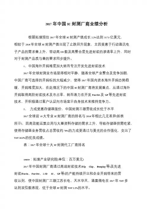 2017年中国IC封测厂商业绩分析