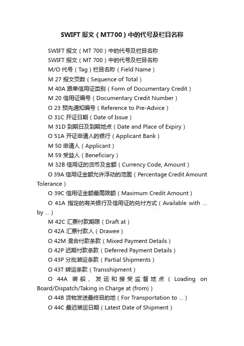 SWIFT报文（MT700）中的代号及栏目名称