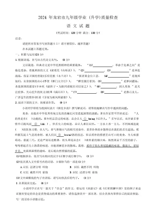 2024年福建省龙岩市中考一模语文试卷(含答案)