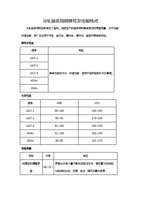 冷轧链条用钢牌号及性能特点