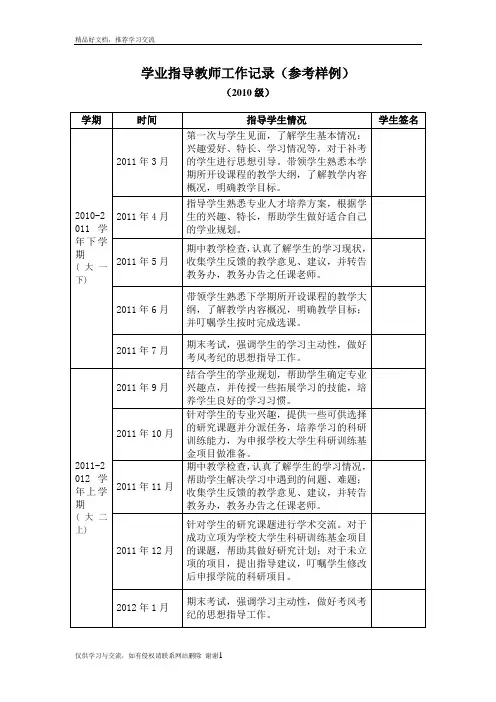 最新学业指导教师工作记录(参考样例)