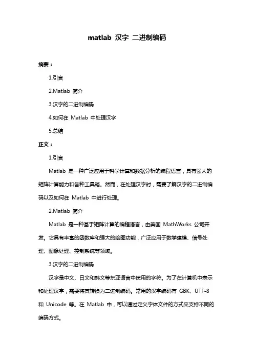 matlab 汉字 二进制编码