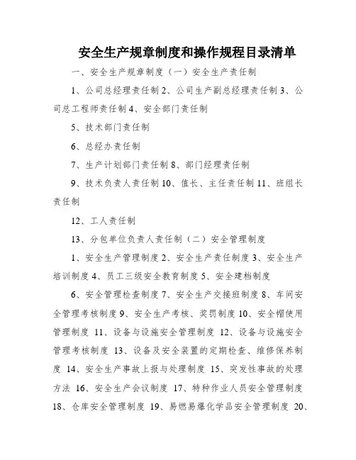 安全生产规章制度和操作规程目录清单