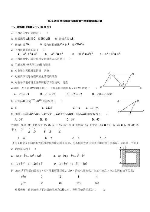 2022-2023学年鲁教版六年级下学期数学期末综合练习题