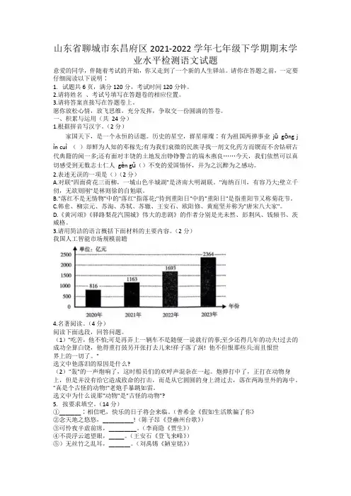 山东省聊城市东昌府区 七年级下学期期末学业水平检测语文试题(word版无答案)