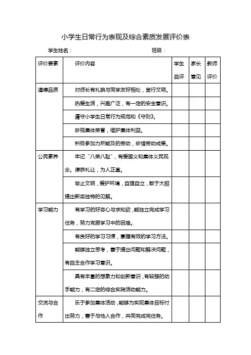 小学生日常行为表现及综合素质发展评价表