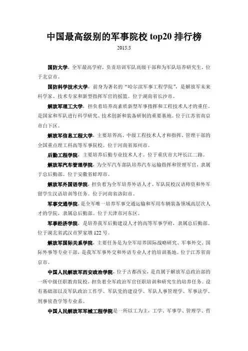 中国最高级别的军事院校top20排行榜