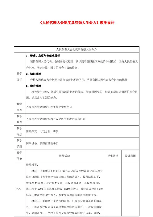 高中政治 4.3《人民代表大会制度具有强大生命力》教学设计1 新人教版选修3高三