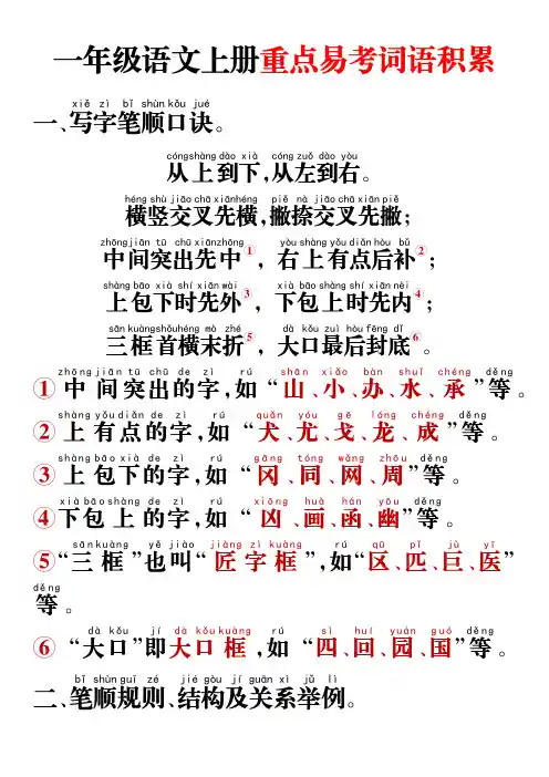 一年级语文上册重点易考词语积累