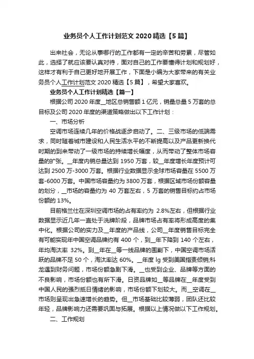 业务员个人工作计划范文2020精选【5篇】