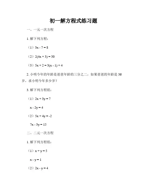 初一解方程式练习题