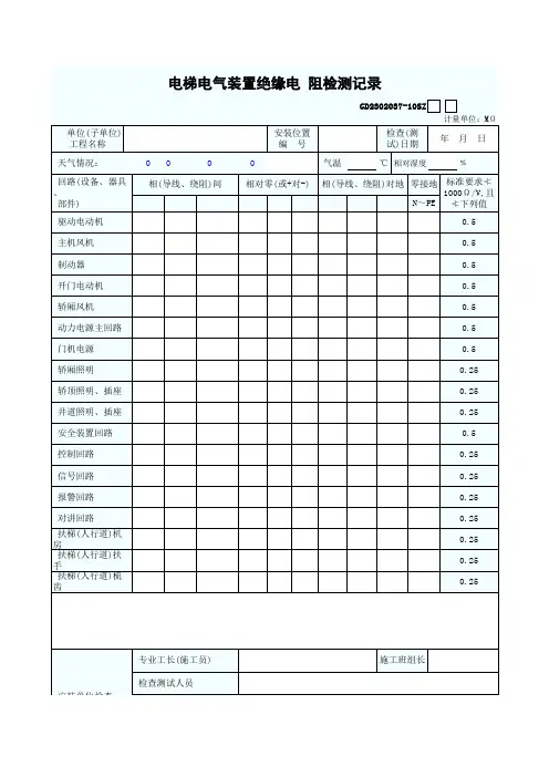 电梯电气装置绝缘电阻检测记录