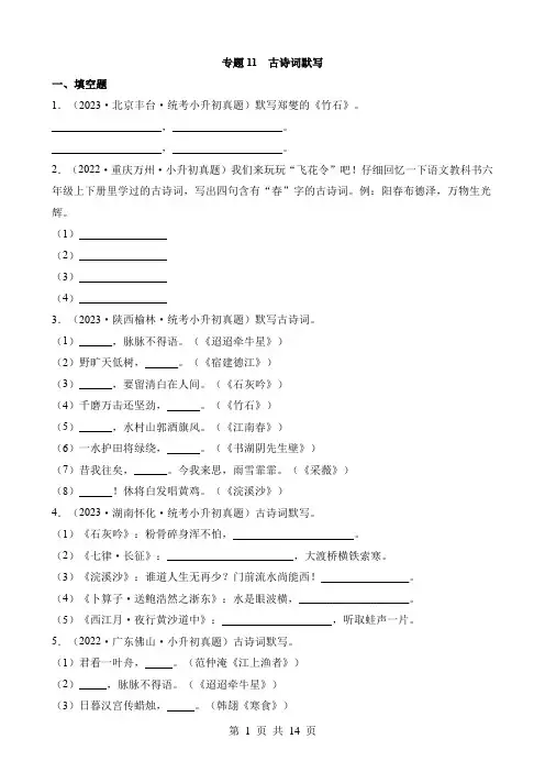 小升初语文复习 专题11 古诗词默写