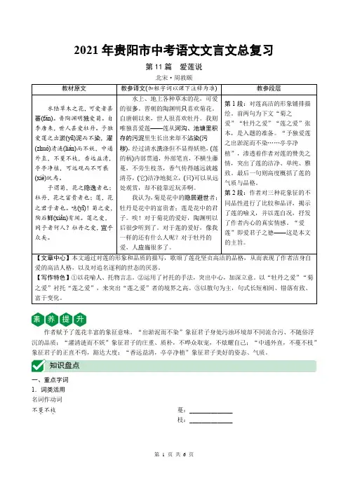 2021年贵阳市中考语文文言文总复习第11篇：爱莲说