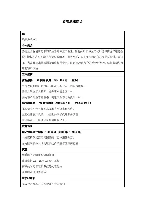 酒店求职简历