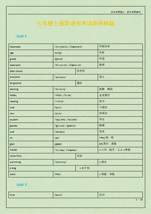 七年级上册英语书单词表译林版