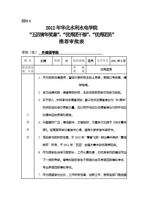 “五四青年奖章”、“优秀团干部”、“优秀团员”审批表