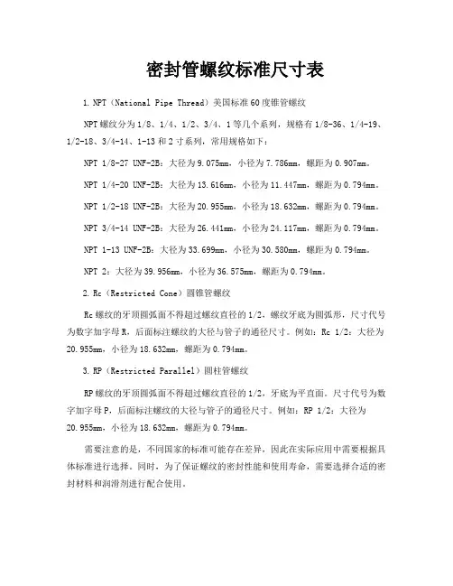 密封管螺纹标准尺寸表