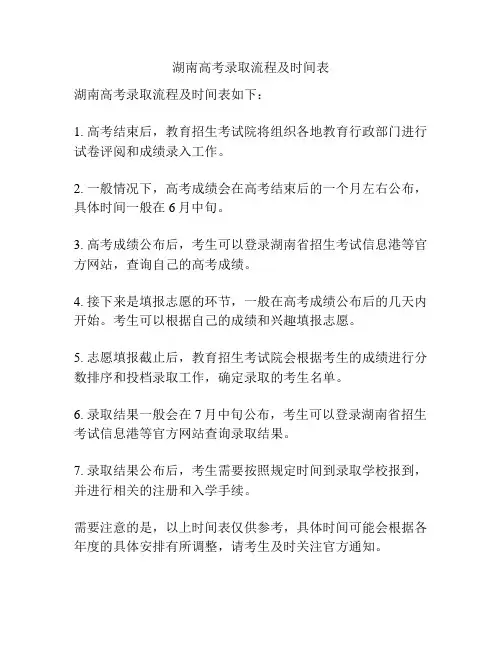 湖南高考录取流程及时间表
