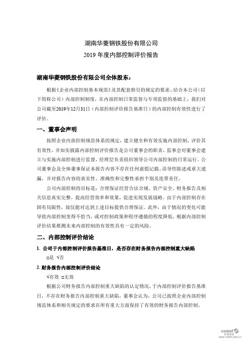 华菱钢铁：2019年度内部控制评价报告